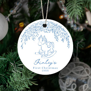 Décoration En Céramique Cheval à bascule bleu fantaisiste 1er Noël de bébé