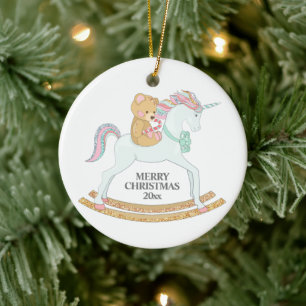 Décoration En Céramique Cheval à bascule licorne de Noël pastel sur fond b