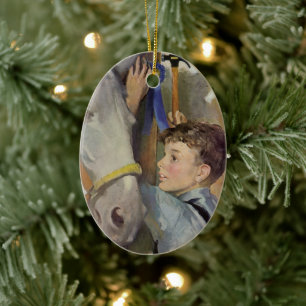 Décoration En Céramique Cheval de course vintage, gagnant du ruban bleu av