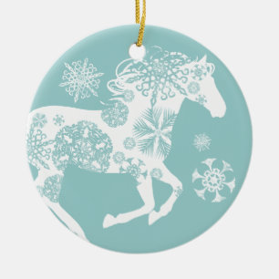 Décoration En Céramique Cheval de Noël aux flocons bleus et blancs