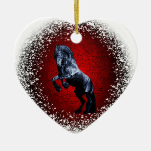 Décoration En Céramique Cheval friésien, étalon noir, neige, granit roug