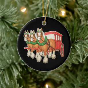 Décoration En Céramique Chevaux Clydesdale Wagon Couronne Noël Xmas
