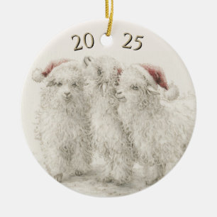 Décoration En Céramique Chèvre angora datée Trio Chapeau de Père Noël Noël