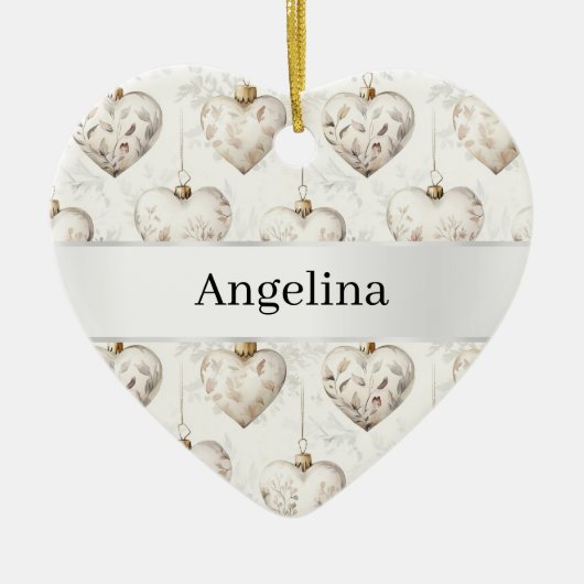 Décoration En Céramique Chic Cream Hearts Silver Ribbon Christmas (Devant)
