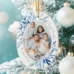 Décoration En Céramique Chic Happy Hanoukka Family Photo Blue<br><div class="desc">De beaux feuilles botaniques d'aquarelle bleue ressortent de votre photo de famille juive verticale pour un ornement de Hanoukka heureux. Personnalisez ce chic cadeau photo de Chanukah pour les vacances.</div>
