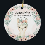 Décoration En Céramique Chic Llama Blush Floral Baby Girl First Christmas<br><div class="desc">Ornement céramique adorable avec un lama bébé doux,  une belle aquarelle verdure et des fleurs rousses poussiéreuses. Objets correspondants disponibles dans notre magasin!</div>