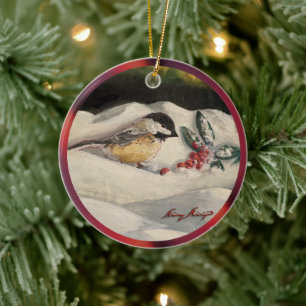 Décoration En Céramique Chickadee de Noël avec Mistletoe & Neige d'hiver 2