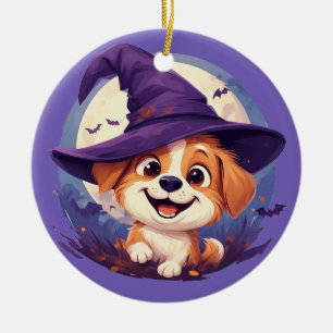 Décoration En Céramique Chien adorable avec un chapeau de sorcière