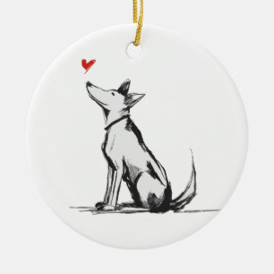 Décoration En Céramique Chien avec cœur – Esquisse d'animal d'amour minima