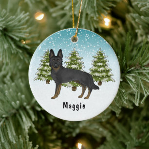 Décoration En Céramique Chien Berger Allemand Bi-Noir Forêt d'Hiver Bleue