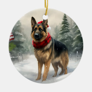 Décoration En Céramique Chien berger allemand dans la neige de Noël
