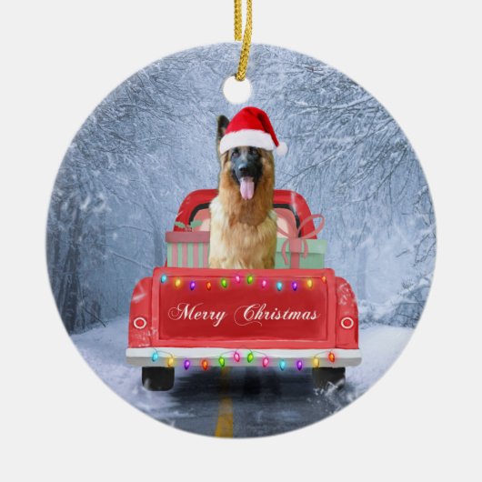 Décoration En Céramique Chien berger allemand en neige assis à Noël  (Devant)