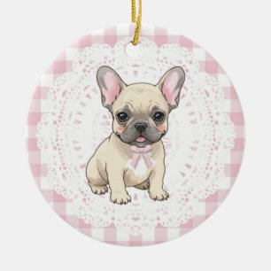 Décoration En Céramique Chien Bouledogue Français Coquette Art Rose Rubans