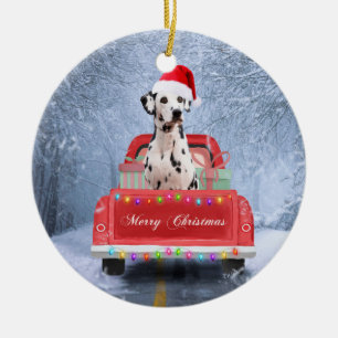 Décoration En Céramique Chien dalmate en neige assis dans un camion de Noë