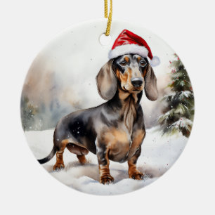Décoration En Céramique Chien de Dachshund à Noël de neige