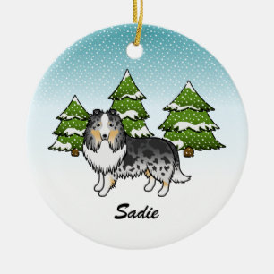 Décoration En Céramique Chien de dessin animé Sheltie Merle Bleu en hiver