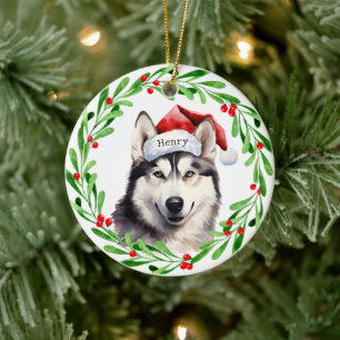 Décoration En Céramique Chien de Noël Sibérien Husky Santa Hat