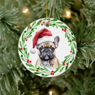 Décoration En Céramique Chien de Noël Tan Frenchie French Buldog Pet