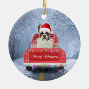 Décoration En Céramique Chien de taureau français en neige assis dans un c