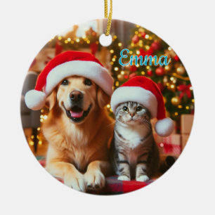 Décoration En Céramique Chien et Chat de Noël Festif