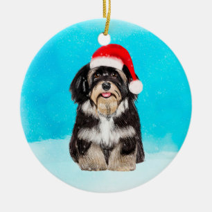 Décoration En Céramique Chien Havanais assis dans le Casquette de Noël de 