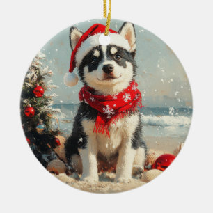 Décoration En Céramique Chien Husky Sibérien Noël Plage Vintage