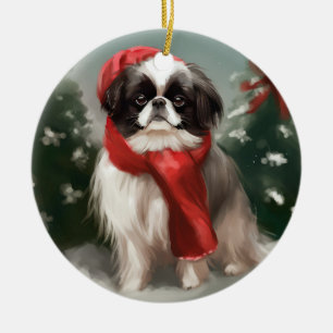 Décoration En Céramique Chien Japonais Chin dans la neige de Noël