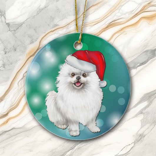 Décoration En Céramique Chien Poméranien blanc Rouge Père Noël
