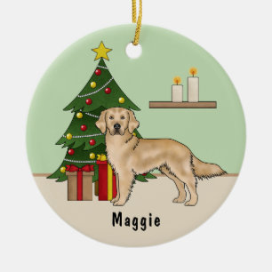 Décoration En Céramique Chien Retriever Golden Jaune Avec Arbre de Noël
