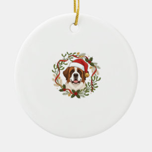 Décoration En Céramique Chien Saint-Bernard Chapeau de Père Noël Couronne