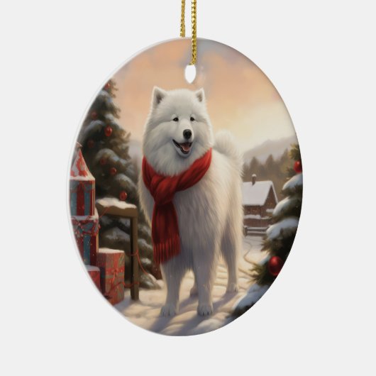 Décoration En Céramique Chien Samoyé à Noël de neige (Droite)