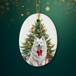 Décoration En Céramique Chien Samoyède blanc au nœud rouge Noël