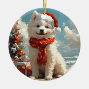 Décoration En Céramique Chien Samoyède Noël Plage Vintage
