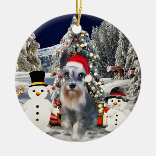 Décoration En Céramique Chien Schnauzer Miniature En Casquette Noël Neige (Devant)