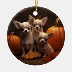 Décoration En Céramique Chihuahua Chiot Automne Délice Citrouille