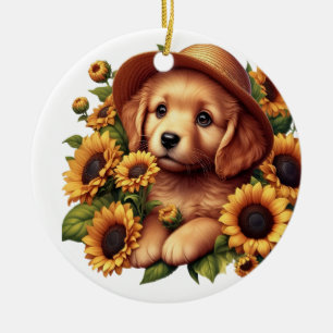 Décoration En Céramique Chiot de nom personnalisé portant un tournesol cas