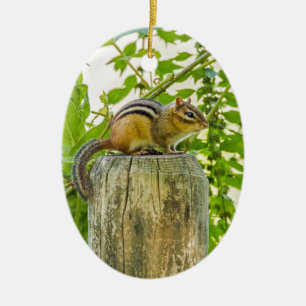 Décoration En Céramique Chipmunk sur un poteau de clôture