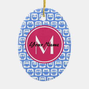 Décoration En Céramique Chouette bleue Motif rose Personnalisé Monogramme