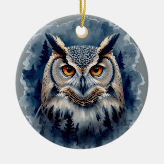 Décoration En Céramique Chouette de Lune Mystique Art Aquarelle | Forêt Cé