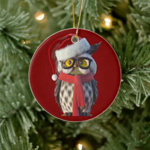 Décoration En Céramique Chouette de Noël portant un costume de Père Noël e