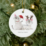 Décoration En Céramique Christmas Cats Santa Antlers<br><div class="desc">Cute Christmas ornaments with custom names featuring an illustration of two siamese cats wearing a santa hat and antlers. Perfect for cat owners of two.</div>