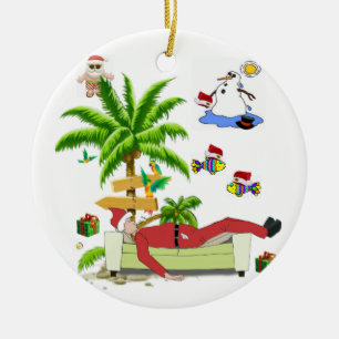 Décoration En Céramique Christmas Circle Ornament, Summer Beach Bum Santa