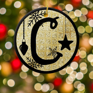 Décoration En Céramique Christmas Monogram Letter C Black Gold Glitter