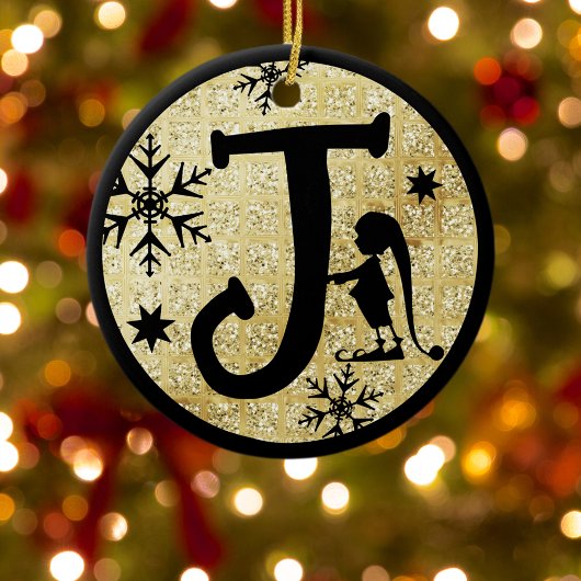 Décoration En Céramique Christmas Monogram Letter J Black Gold Glitter