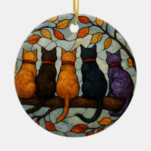 Décoration En Céramique Cinq chats sur une branche d'arbre de style vitrai