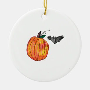 Décoration En Céramique Citrouille avec chauve-souris grise