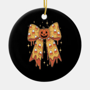 Décoration En Céramique Citrouille d'Halloween avec noeud et maïs de bonbo