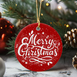 Décoration En Céramique Classique Joyeux Noël Festive Rouge et Blanc<br><div class="desc">Cet ornement de Noël rouge et blanc classique souhaite à tous un "Joyeux Noël" dans un script amusant mais traditionnel avec des plats de saison élégants.</div>
