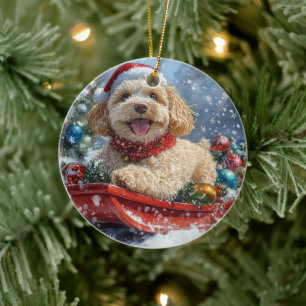 Décoration En Céramique Cockapoo Chien en Luge Laissez Tomber la Neige Noë