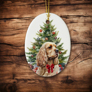 Décoration En Céramique Cocker Spaniel Blond Chien Tête de Buff Ruban Roug